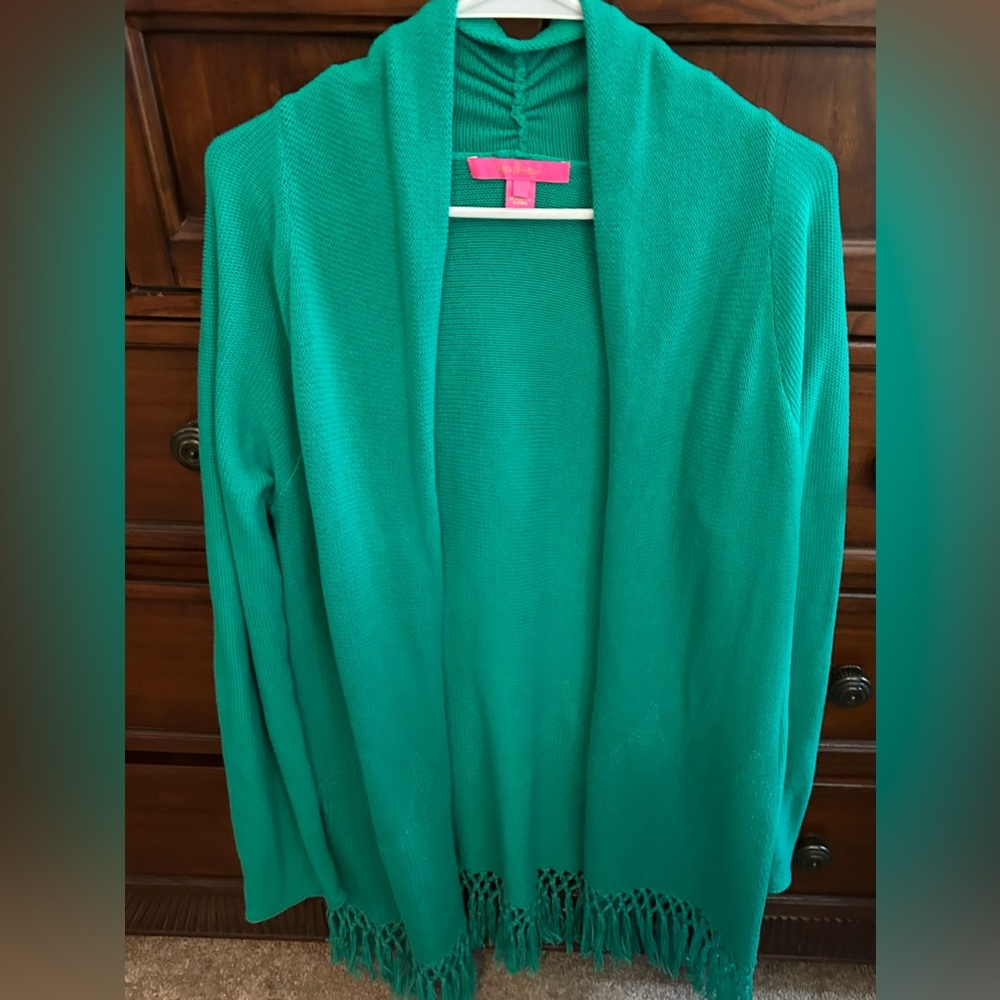 Like New Lilly Pulitzer Light Green Tatum Fringe Cardigan, Size Large - Picture 5 of 12